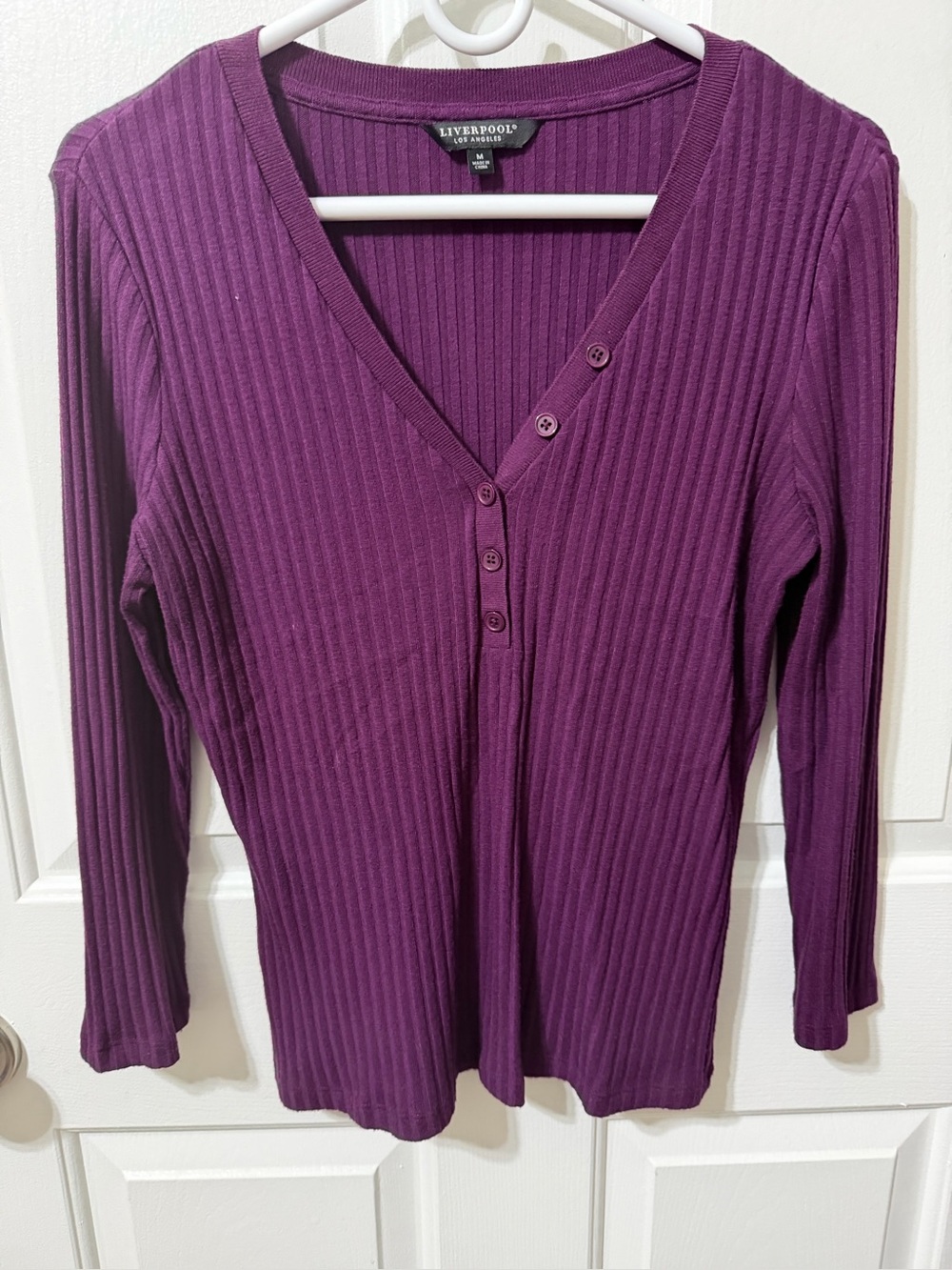 Liverpool Purple Ribbed V-Neck Henley Long Sleeve Top